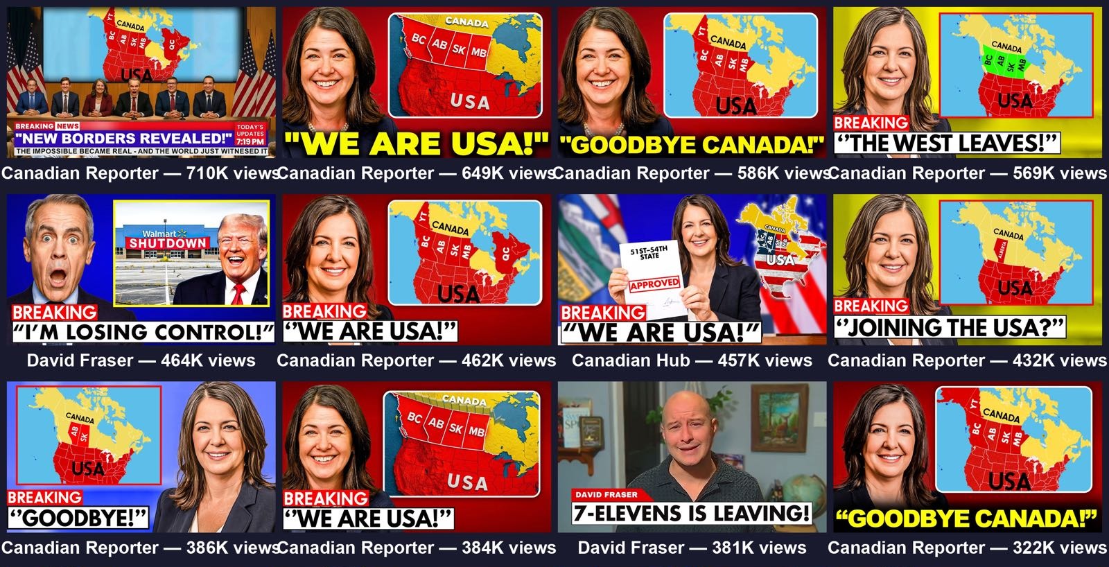 Most viewed video thumbnails from the inauthentic YouTube channels pushing Alberta secession content.